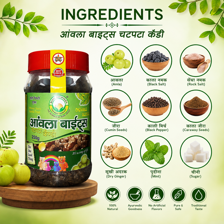 Basic Ayurveda Amla Bite (Gooseberry) Chatpata Candy 250 Gram | Contains amla which is a good source of vitamin C | Amla is beneficial in treating eyesight problems | Good for digestion | Helps in boosting immunity | Improves digestive system.