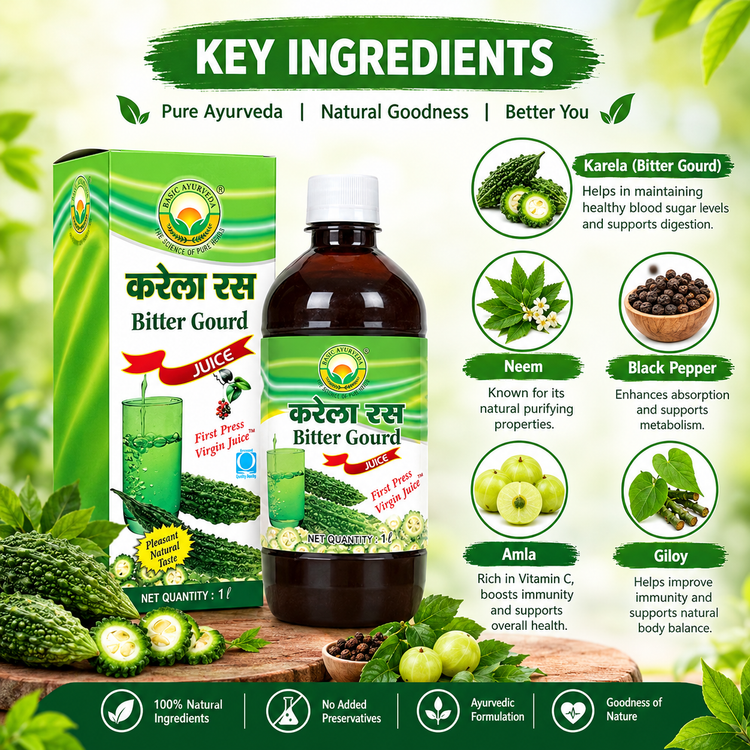 Basic Ayurveda Bitter Gourd(Karela) Juice | | Immunity and Digestion Booster | Helps in maintaining blood sugar level | Helps in weight loss | Useful for glowing skin | Control Cholesterol Level.