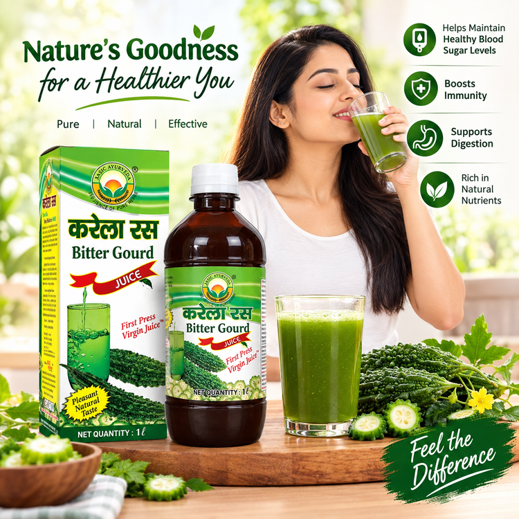Basic Ayurveda Bitter Gourd(Karela) Juice | | Immunity and Digestion Booster | Helps in maintaining blood sugar level | Helps in weight loss | Useful for glowing skin | Control Cholesterol Level.