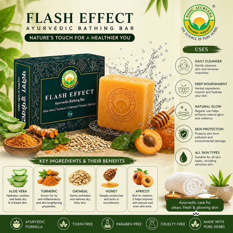 Basic Ayurveda Flash Effect Herbal Bathing Bar Soap 75 gm | Ayurvedic Gel-Based Body Cleanser | Refreshing Herbal Skin Care Soap for Daily Use
