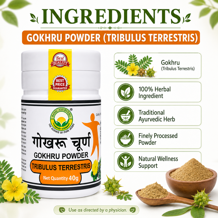 Basic Ayurveda Gokhru Powder 40 gm | Ayurvedic Gokshura Herbal Churna (Tribulus Terrestris) | Natural Wellness Support Powder | Traditionally Used for Strength, Energy & Healthy Lifestyle