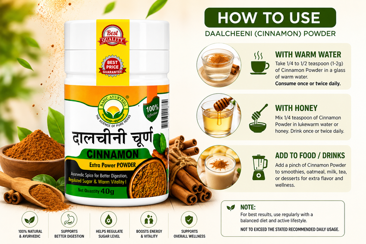 Basic Ayurveda Cinnamon Powder 40 gm| Pure Dalchini Churna | Extra Power Herbal Spice Powder | Supports Digestion, Metabolism & Gut Health | Natural Ayurvedic Masala | Sugar Balance & Warm Vitality Support