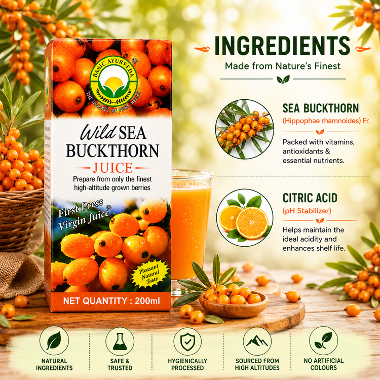 Basic Ayurveda Wild Sea Buckthorn Juice 200 ml - Herbal Berry Juice for Men & Women, Rich in Vitamin C, E, Omega 3 6 7 9, Natural Antioxidants | Supports Immunity, Skin Health & Daily Wellness