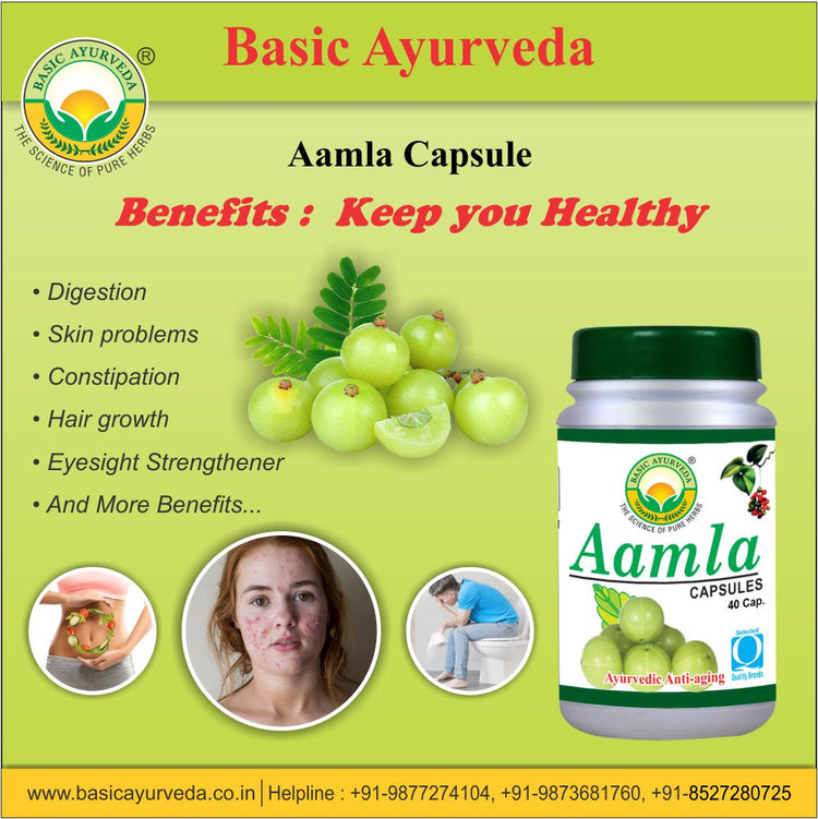 Basic Ayurveda Aamla Capsules (40 Capsules) | Helpful for digestion | Helpful for skin problems | Helpful in constipation problem | Helps to Promotes hair growth & Eyesight Strengthener.