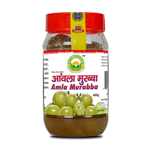 BASIC AYURVEDA Amla Murabba (Candied Indian Gooseberry Delicious) 400 Gm | Toothsome Dried Aamla Marmalade | Ultimate Organic Classic Aamla Fruit | With Jar Pack Sweet Taste
