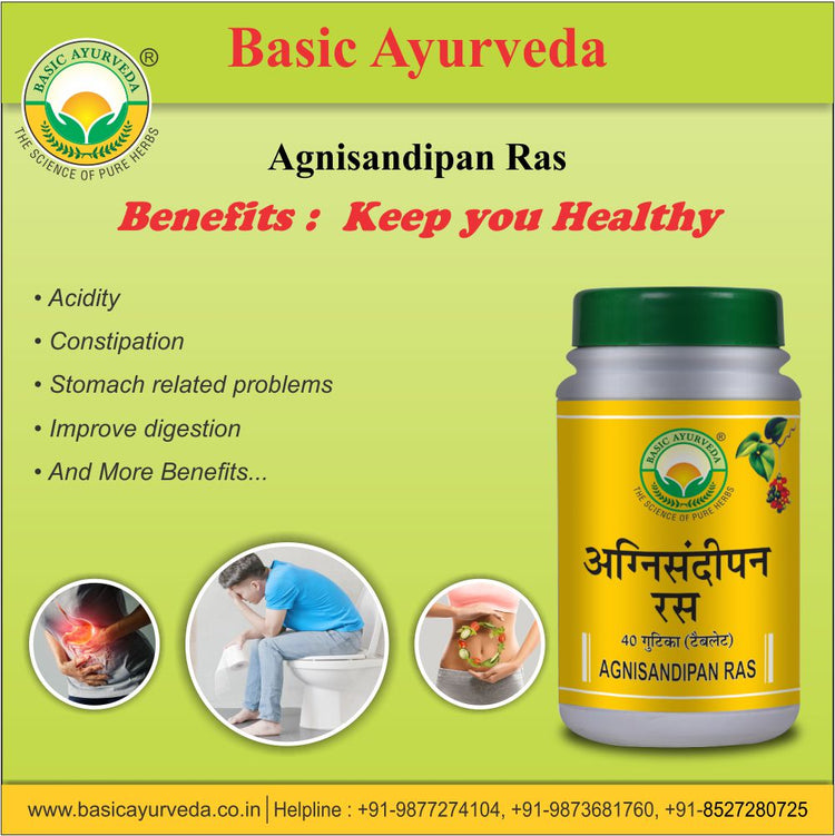 Basic Ayurveda Agnisandipan Ras 40 Tablet | Helpful for Acidity | Helpful for Constipation | Helpful for stomach related problems | Helps to Improve Digestion | Bloating.