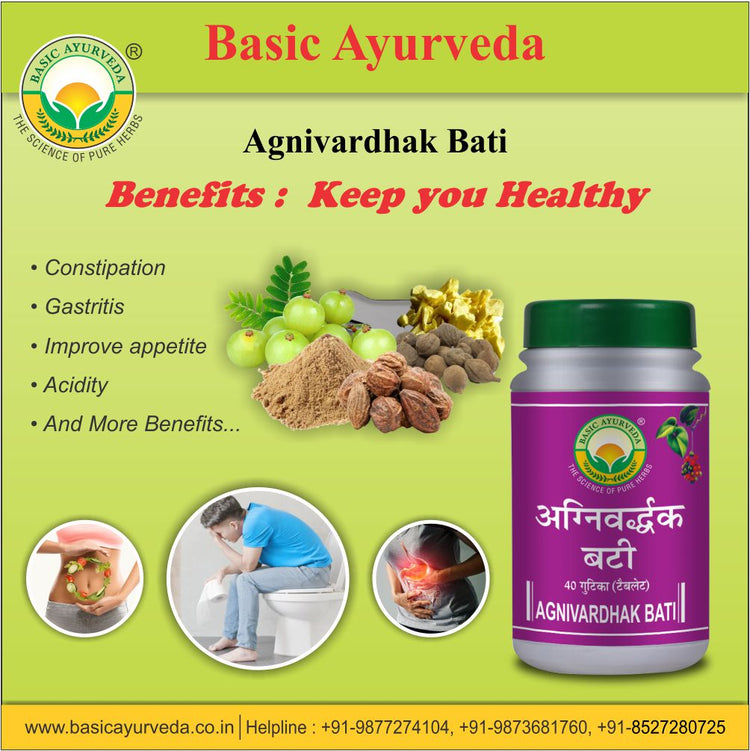 Basic Ayurveda Agnivardhak Bati 40 Tablet | Helps cure indigestion | Increases appetite | Relieves bloating of stomach | Helps cure anorexia | Gives relief from constipation | Helps in relieving flatulence.