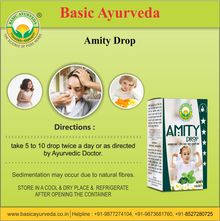 Basic Ayurveda Amity Drop 10ml | It helps to purify the blood and remove toxins | Helps to boost the immune system | Helps to fight respiratory problems | Acts as an anti-oxidant for the body.