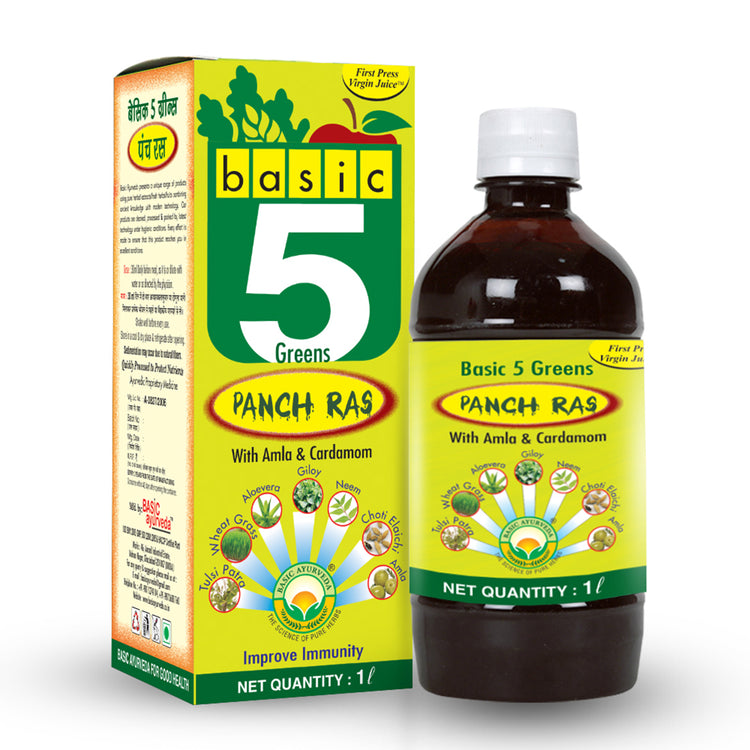 Basic Ayurveda Basic 5 Green Panch Ras |  Juice | Improve Immunity| Energetic Drink | Anti Hair Fall | Maintain Cholesterol Level | Beneficial in Stomach Problems.