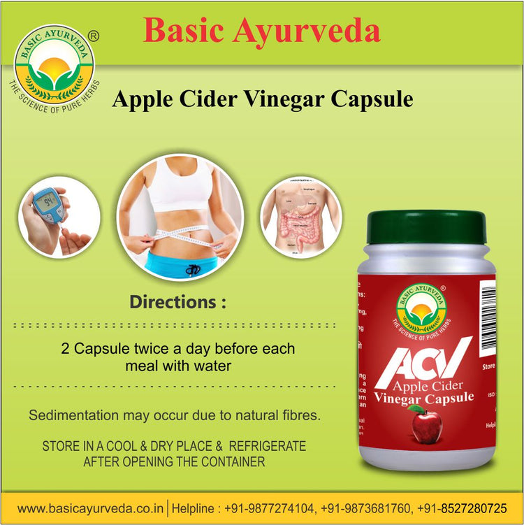 Basic Ayurveda ACV(Apple Cider Vinegar) (40 Capsules) | Enriched with the goodness of apples | Known to improve digestion | Beneficial for skin health | Helps to balance the blood sugar levels | Maintain the blood pH levels.