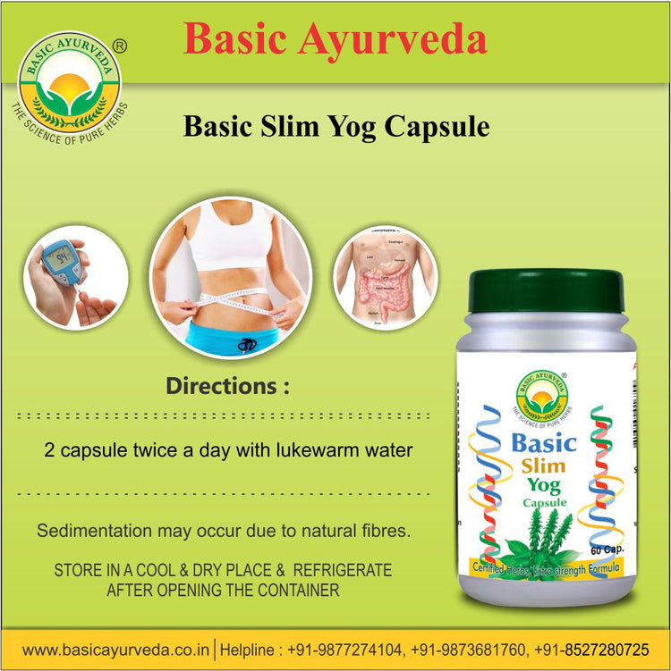 Basic Ayurveda Basic Slim Yog Capsule (60 Capsules) | Reduce extra fat and belly fat | Helpful in obesity and improves digestion | Helpful in oedema and boosts immunity | Helps to reduce weight naturally.