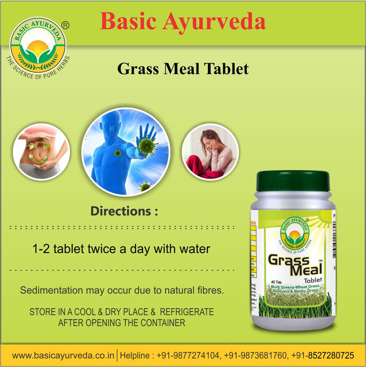 Basic Ayurveda  Grass Meal Tablet (40 Tablet) | Fatigure | General weakness | Weight loss | Body Cleanser | Muscles Rebuilder | Natural source of energy |