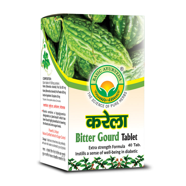 Basic Ayurveda  Karela  (Bitter Gourd) Tablet (40 Tablet) | Helpful for Lower blood glucose level | Helpful for Lower urine sugar levels | Helpful in blood disorders |