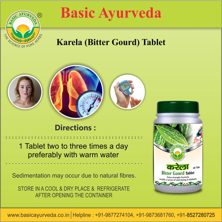 Basic Ayurveda  Karela  (Bitter Gourd) Tablet (40 Tablet) | Helpful for Lower blood glucose level | Helpful for Lower urine sugar levels | Helpful in blood disorders |