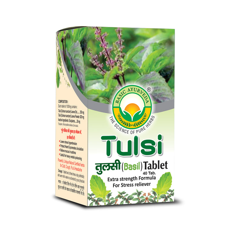 Basic Ayurveda  Tulsi (Basil) Tablet (40 Tablet) | Respiratory disorder | Helpful for cold & cough | Anti-stress | Useful in Eye disorder.