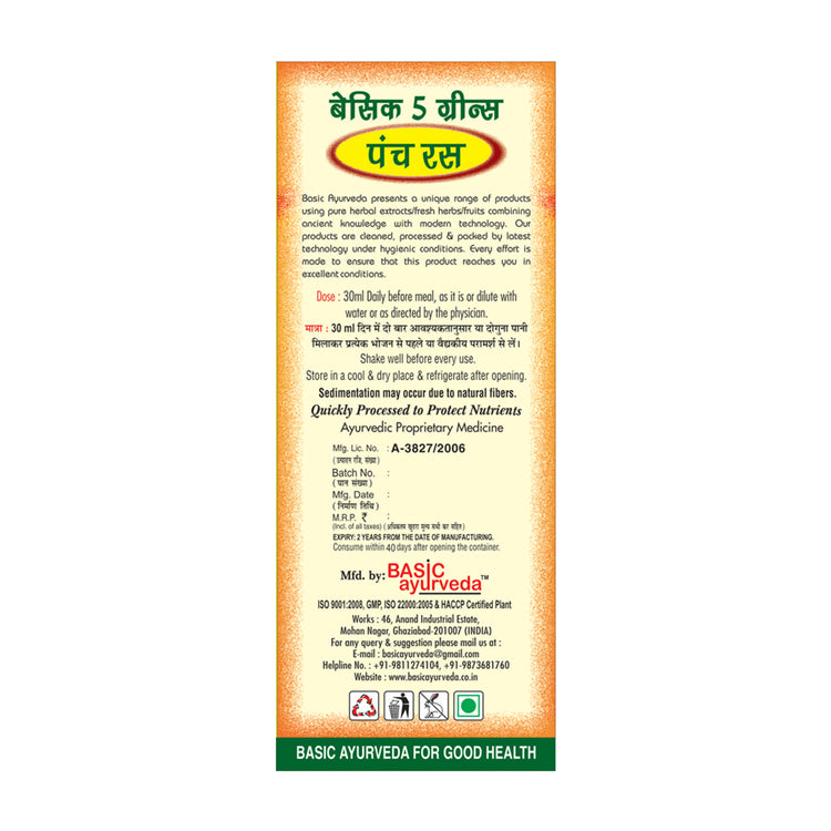 Basic Ayurveda Basic 5 Green Panch Ras |  Juice | Improve Immunity| Energetic Drink | Anti Hair Fall | Maintain Cholesterol Level | Beneficial in Stomach Problems.