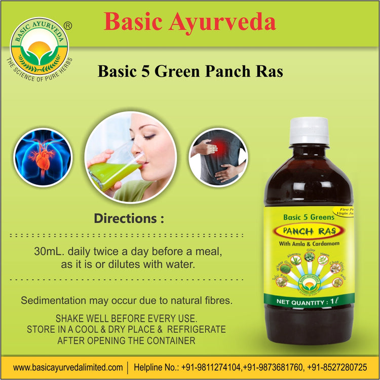 Basic Ayurveda Basic 5 Green Panch Ras |  Juice | Improve Immunity| Energetic Drink | Anti Hair Fall | Maintain Cholesterol Level | Beneficial in Stomach Problems.