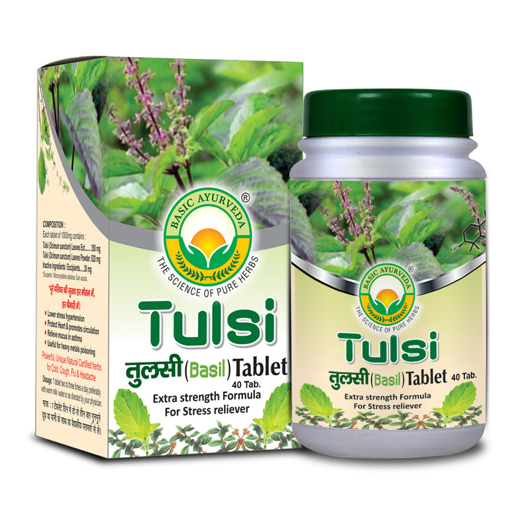 Basic Ayurveda  Tulsi (Basil) Tablet (40 Tablet) | Respiratory disorder | Helpful for cold & cough | Anti-stress | Useful in Eye disorder.