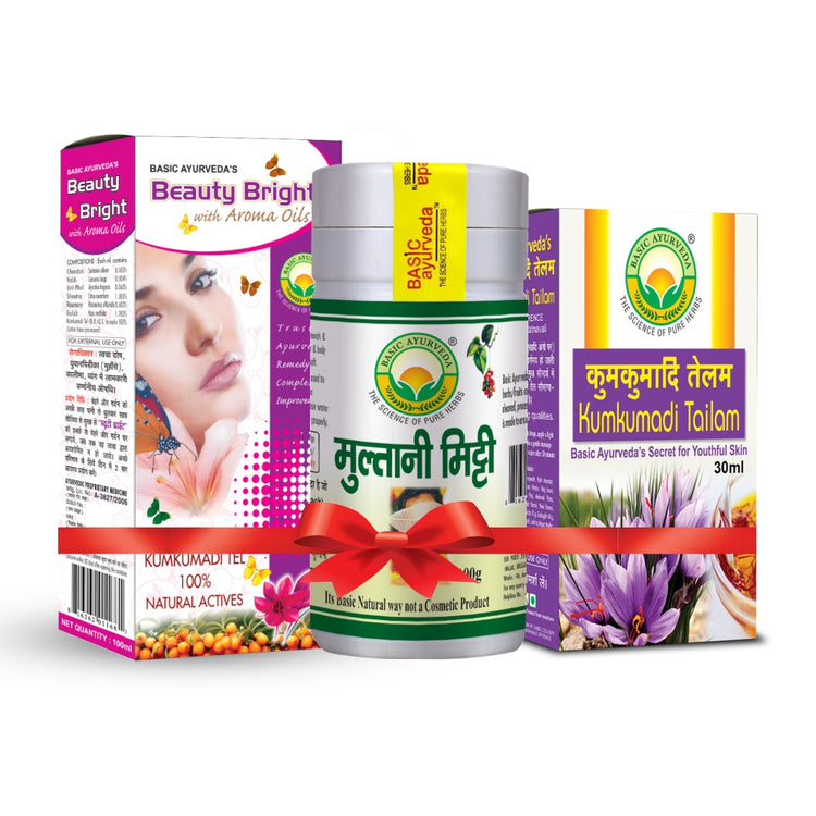 BASIC AYURVEDA Beauty Ayurvedic Prdocuts Kit | Gift Set For Men and Women | Combo Pack For Complete Skin Health | Include The Package (Kumkumadi Tailam, Beauty Bright Lotion Cream, Multani Mitti Pack) | Pack Of 3