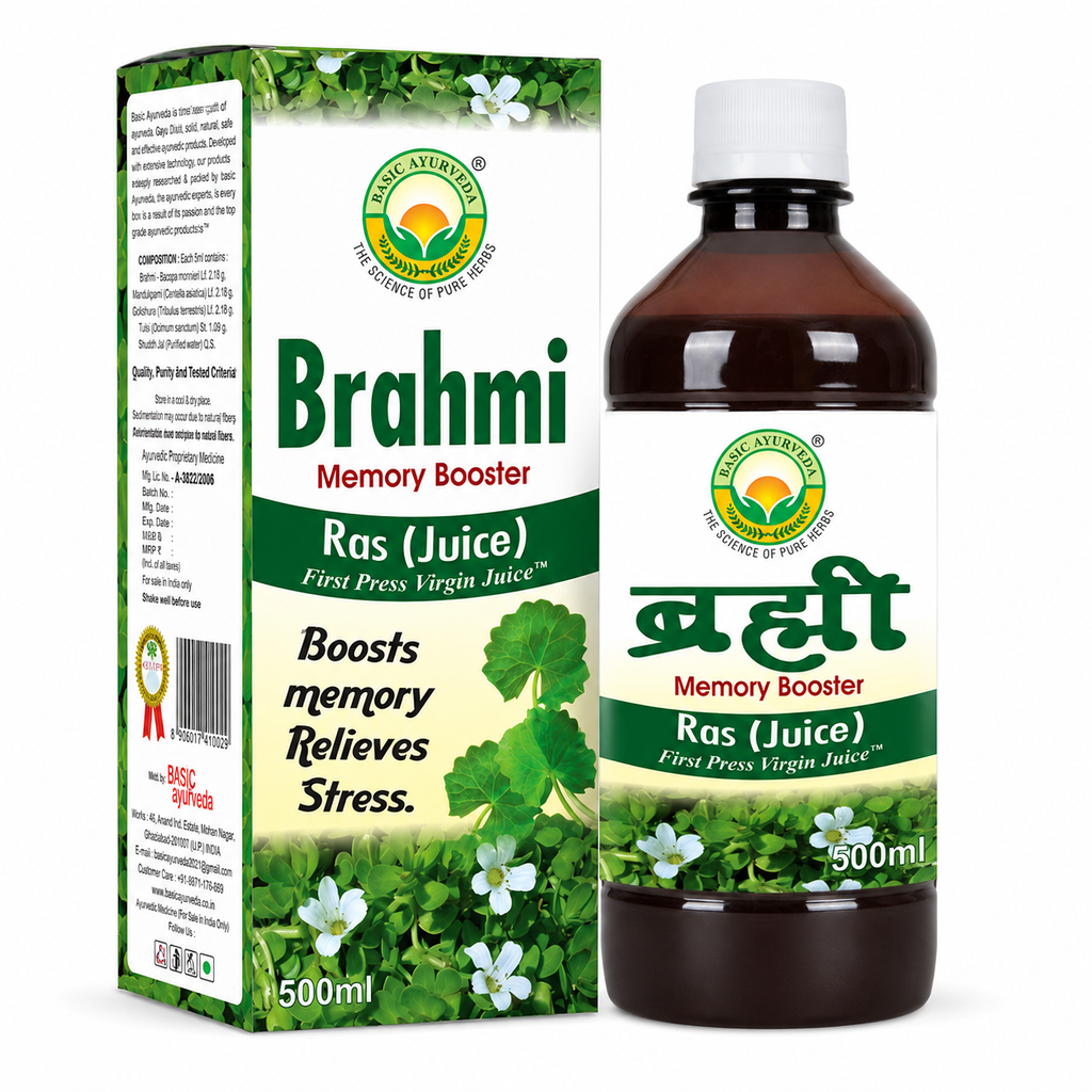 Basic Ayurveda Brahmi Ras (Juice)Memory Booster | Herbal Juice |  Improve concentration | Improve the retention of memory |  Prevent epilepsy attacks |  Active sense of humor |  Improve mental cognition.
