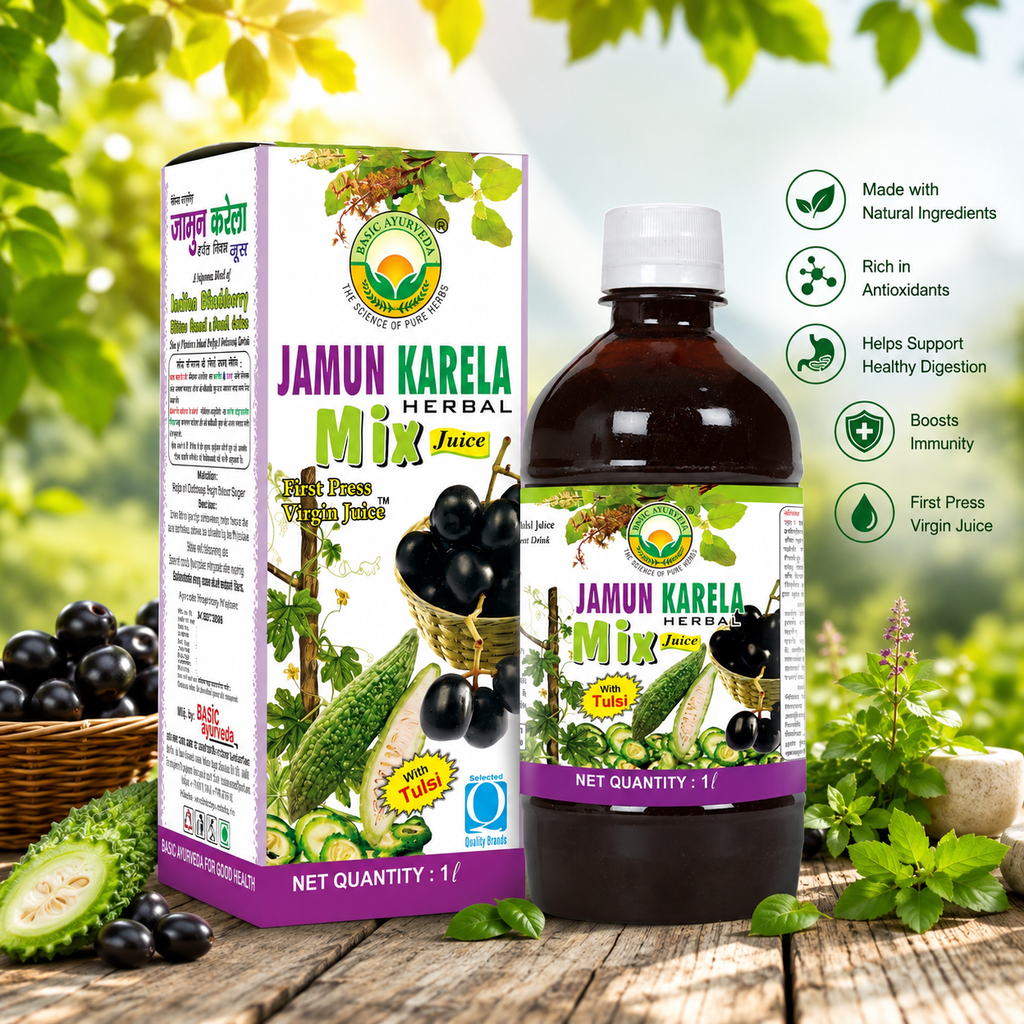 Basic Ayurveda Jamun Karela Herbal Mix Juice | Keep Skin Fresh | Good for Eye & Skin Health | Regulate Blood Sugar Level | Keeps Teeth and Gums Healthy | Natural Blood Purifier.