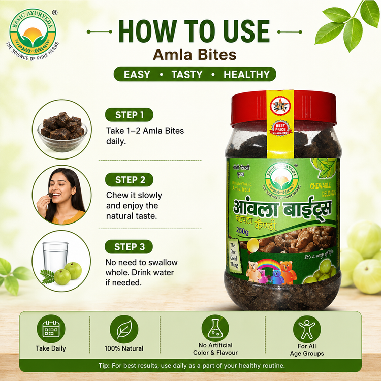 Basic Ayurveda Amla Bite (Gooseberry) Chatpata Candy 250 Gram | Contains amla which is a good source of vitamin C | Amla is beneficial in treating eyesight problems | Good for digestion | Helps in boosting immunity | Improves digestive system.