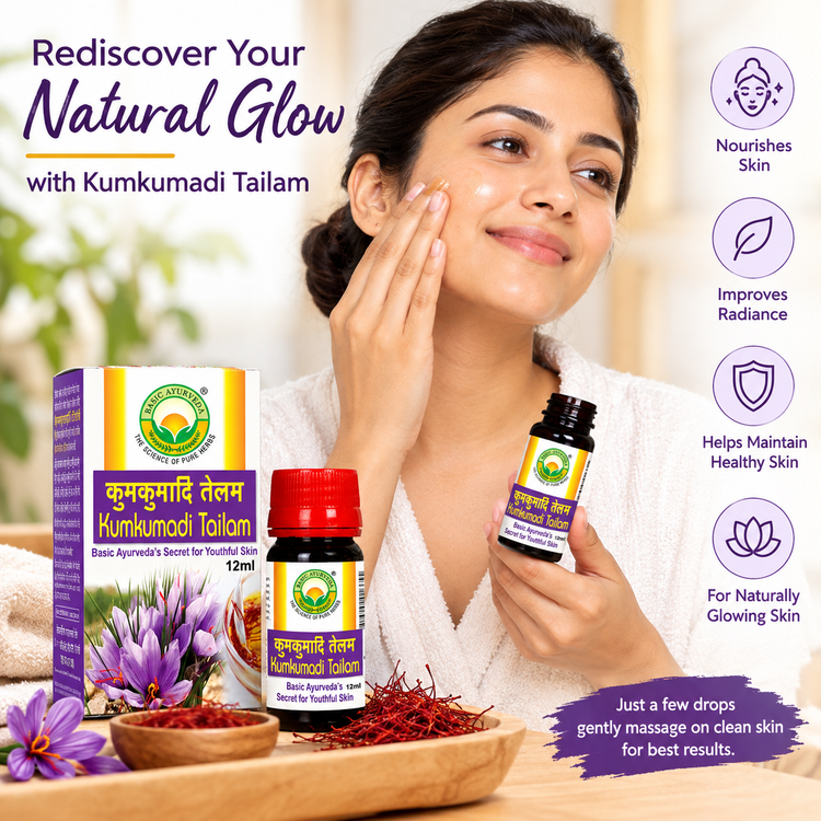 Basic Ayurveda Kumkumadi Tailam for Glowing Skin - Kumkumadi Oil For Face - Brightening, Whitening, Ageing, Wrinkles, Fine Lines, Pigmentation - Men & Women 12 Ml