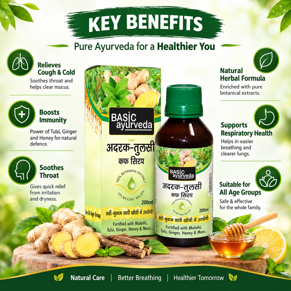 Basic Ayurveda Adrak Tulsi Cough Syrup 100ml | Boost Immunity | Useful in sore throat | Useful in Mild Fever | Fight against infection.