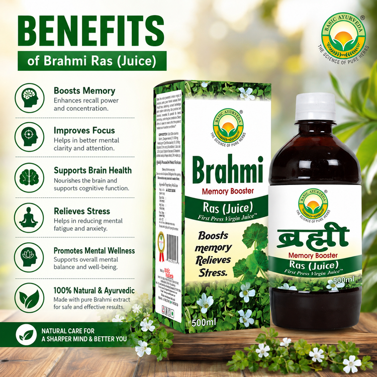 Basic Ayurveda Brahmi Ras (Juice)Memory Booster | Herbal Juice |  Improve concentration | Improve the retention of memory |  Prevent epilepsy attacks |  Active sense of humor |  Improve mental cognition.