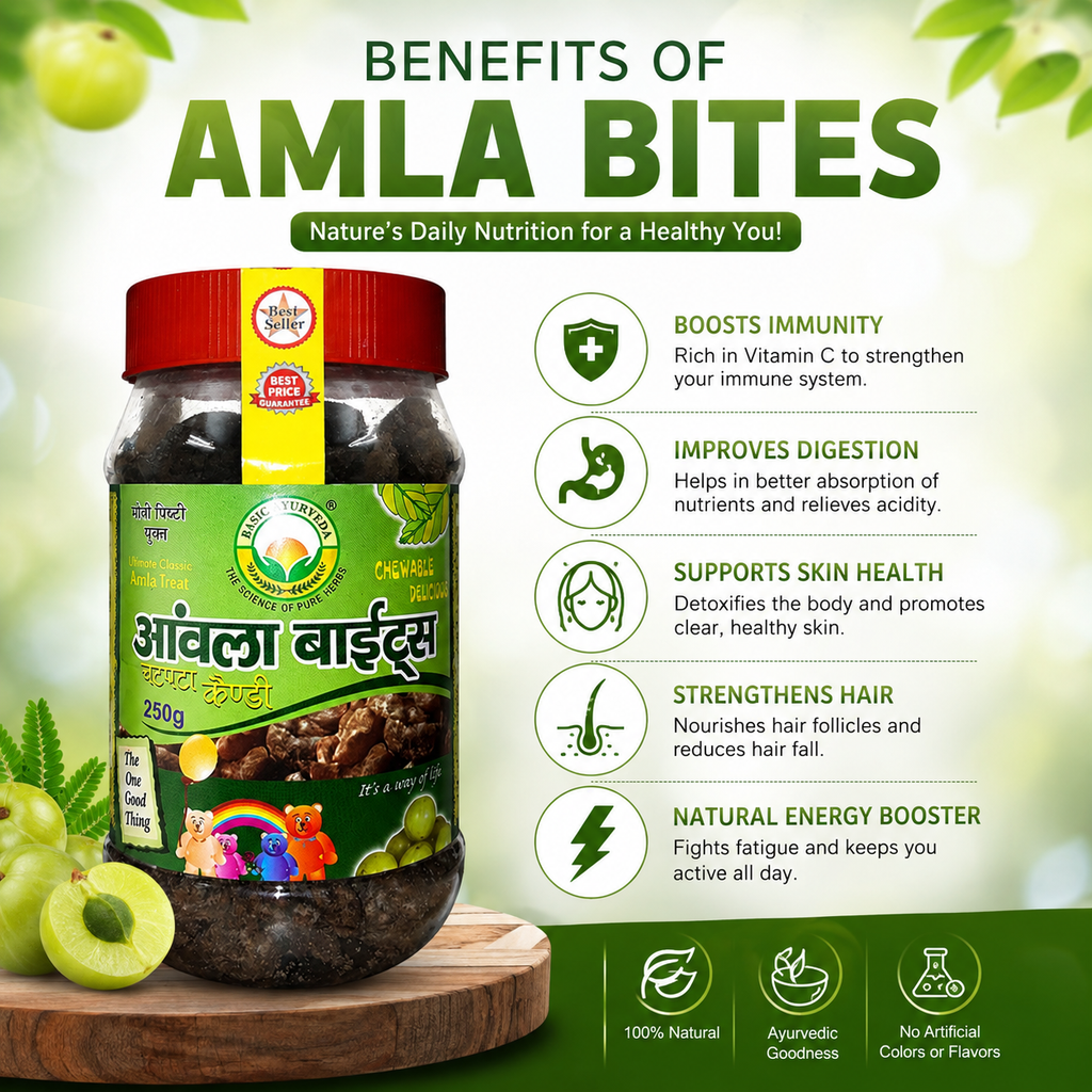 Basic Ayurveda Amla Bite (Gooseberry) Chatpata Candy 250 Gram | Contains amla which is a good source of vitamin C | Amla is beneficial in treating eyesight problems | Good for digestion | Helps in boosting immunity | Improves digestive system.