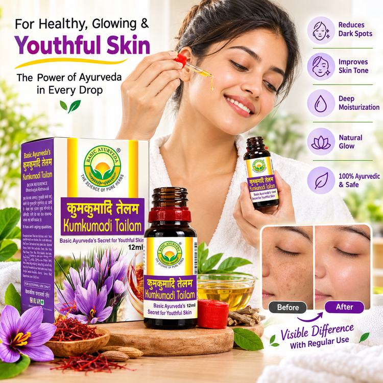 Basic Ayurveda Kumkumadi Tailam for Glowing Skin - Kumkumadi Oil For Face - Brightening, Whitening, Ageing, Wrinkles, Fine Lines, Pigmentation - Men & Women 12 Ml