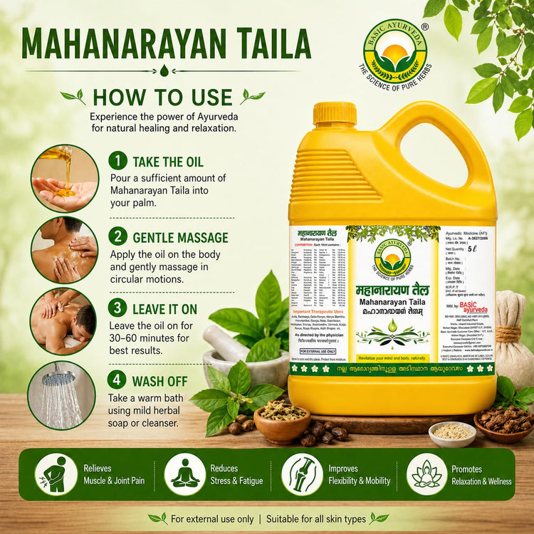 Basic Ayurveda Mahanarayan Taila – Herbal Ayurvedic Massage Oil for Joint & Muscle Comfort, Stiffness Relief, Fatigue Reduction, Back & Neck Support, and Skin Nourishment