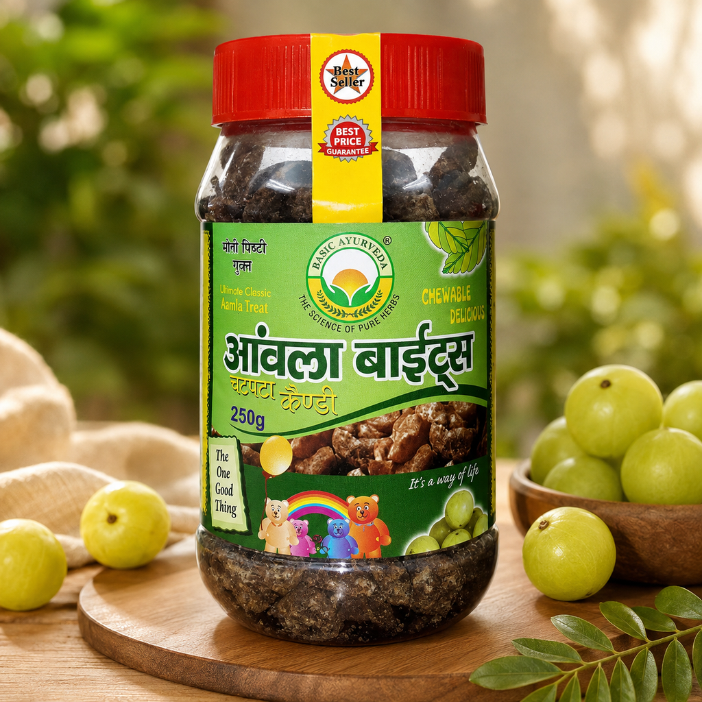 Basic Ayurveda Amla Bite (Gooseberry) Chatpata Candy 250 Gram | Contains amla which is a good source of vitamin C | Amla is beneficial in treating eyesight problems | Good for digestion | Helps in boosting immunity | Improves digestive system.