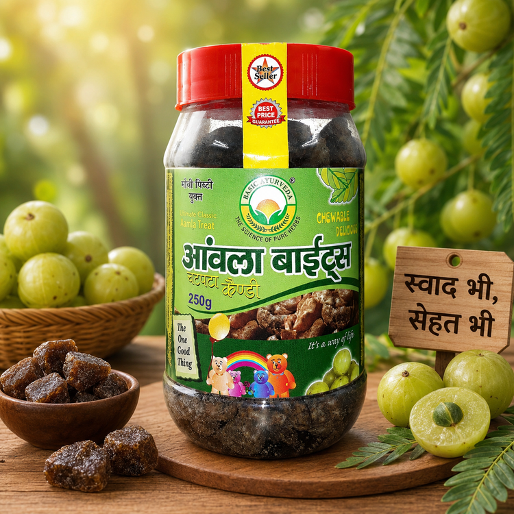 Basic Ayurveda Amla Bite (Gooseberry) Chatpata Candy 250 Gram | Contains amla which is a good source of vitamin C | Amla is beneficial in treating eyesight problems | Good for digestion | Helps in boosting immunity | Improves digestive system.