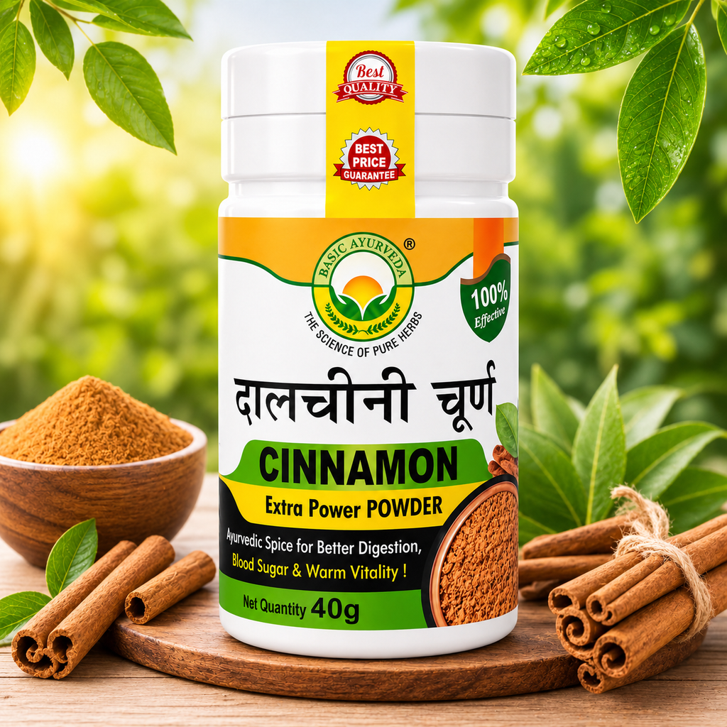 Basic Ayurveda Cinnamon Powder 40 gm| Pure Dalchini Churna | Extra Power Herbal Spice Powder | Supports Digestion, Metabolism & Gut Health | Natural Ayurvedic Masala | Sugar Balance & Warm Vitality Support