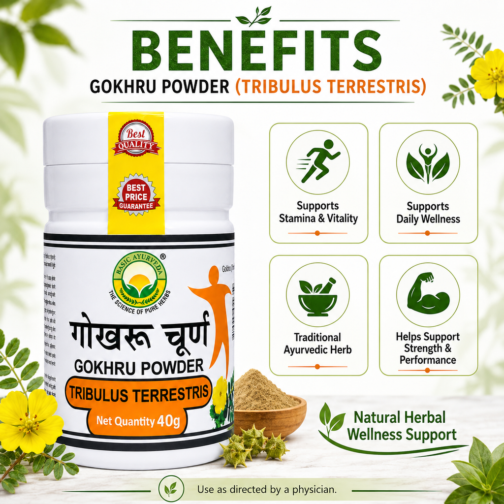 Basic Ayurveda Gokhru Powder 40 gm | Ayurvedic Gokshura Herbal Churna (Tribulus Terrestris) | Natural Wellness Support Powder | Traditionally Used for Strength, Energy & Healthy Lifestyle