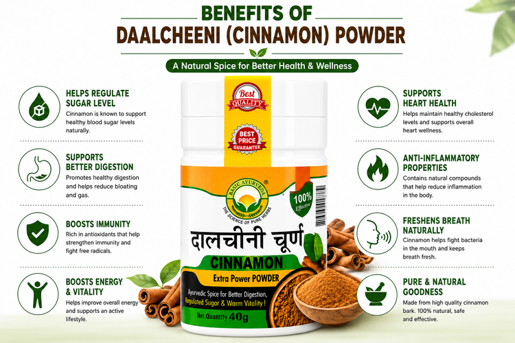 Basic Ayurveda Cinnamon Powder 40 gm| Pure Dalchini Churna | Extra Power Herbal Spice Powder | Supports Digestion, Metabolism & Gut Health | Natural Ayurvedic Masala | Sugar Balance & Warm Vitality Support