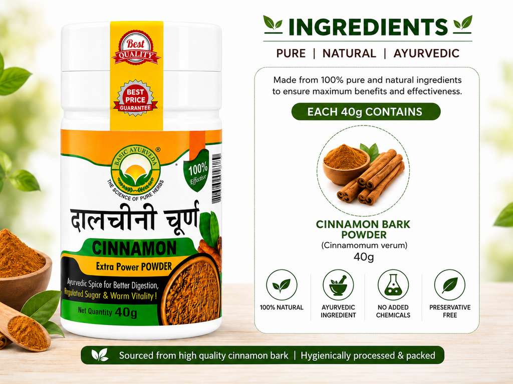 Basic Ayurveda Cinnamon Powder 40 gm| Pure Dalchini Churna | Extra Power Herbal Spice Powder | Supports Digestion, Metabolism & Gut Health | Natural Ayurvedic Masala | Sugar Balance & Warm Vitality Support