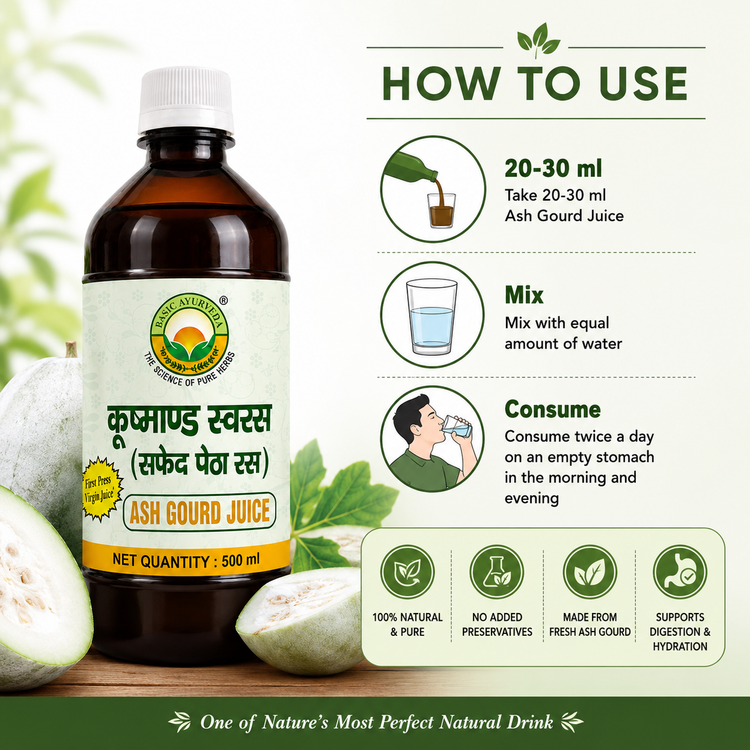 Basic Ayurveda Ash Gourd Juice 500ml (Kushmand Swaras/Safed Petha Ras) | Natural Ayurvedic Herbal Drink | Supports Digestion, Hydration, Energy & Daily Wellness | Pure Herbal Tonic