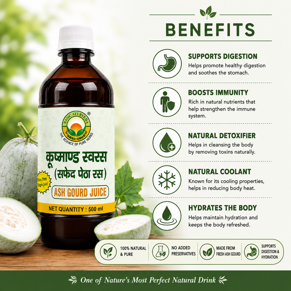 Basic Ayurveda Ash Gourd Juice 500ml (Kushmand Swaras/Safed Petha Ras) | Natural Ayurvedic Herbal Drink | Supports Digestion, Hydration, Energy & Daily Wellness | Pure Herbal Tonic