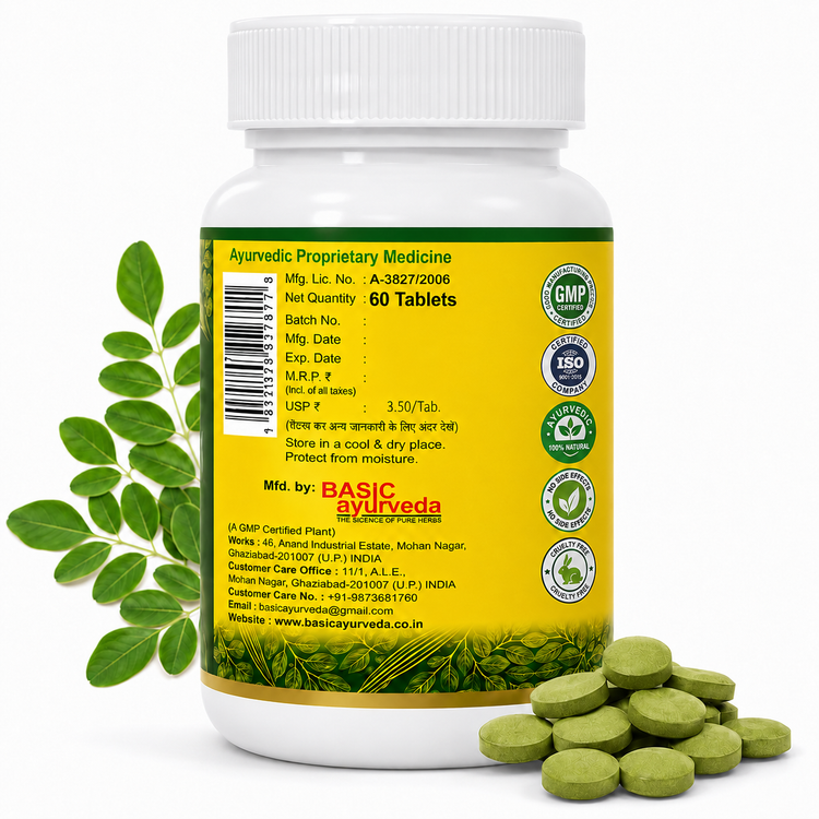 Basic Ayurveda Moringa D.S. Tablets 500mg | Pure Sahjan (Moringa Oleifera) Herbal Ayurvedic Supplement | Moringa Leaf Tablets for Men & Women | Daily Wellness Nutrition Supplement | 60 Tablets