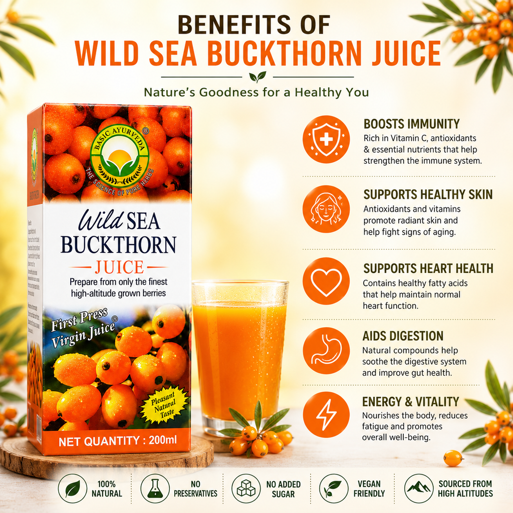 Basic Ayurveda Wild Sea Buckthorn Juice 200 ml - Herbal Berry Juice for Men & Women, Rich in Vitamin C, E, Omega 3 6 7 9, Natural Antioxidants | Supports Immunity, Skin Health & Daily Wellness