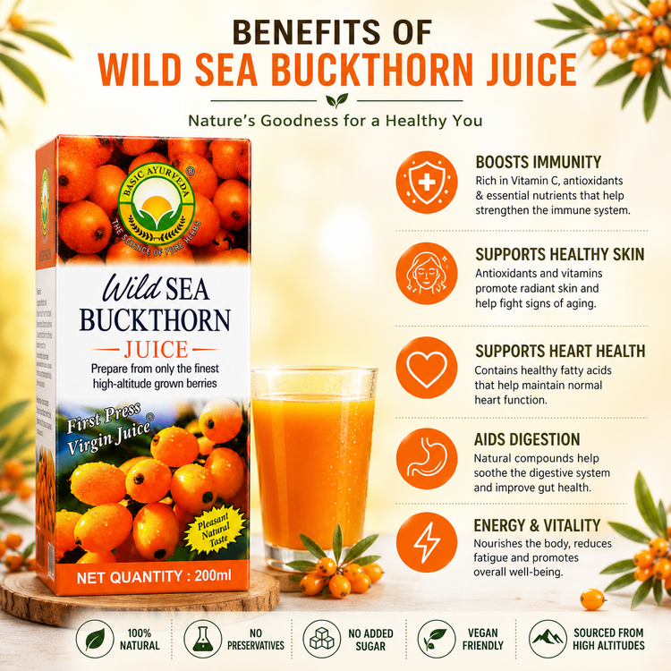 Basic Ayurveda Wild Sea Buckthorn Juice 200 ml - Herbal Berry Juice for Men & Women, Rich in Vitamin C, E, Omega 3 6 7 9, Natural Antioxidants | Supports Immunity, Skin Health & Daily Wellness