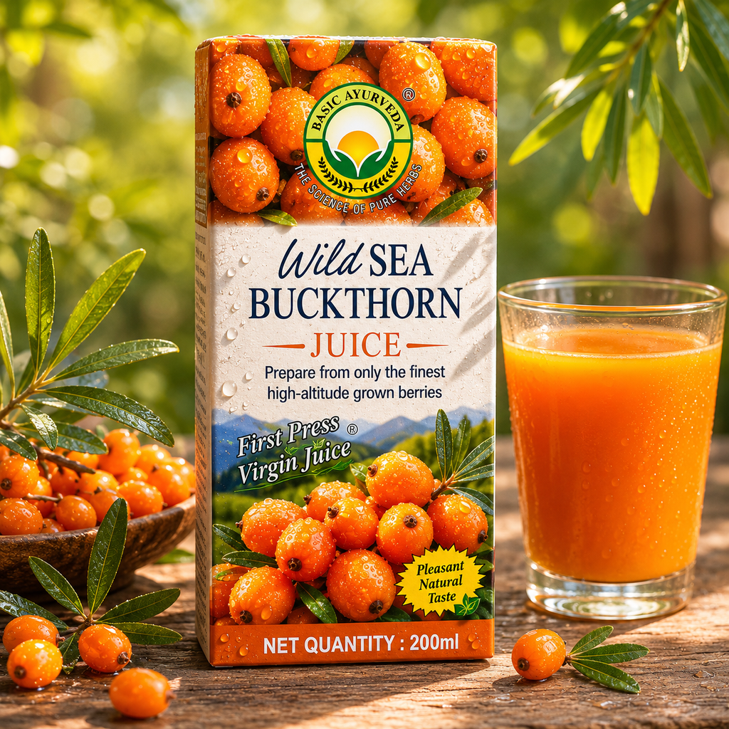 Basic Ayurveda Wild Sea Buckthorn Juice 200 ml - Herbal Berry Juice for Men & Women, Rich in Vitamin C, E, Omega 3 6 7 9, Natural Antioxidants | Supports Immunity, Skin Health & Daily Wellness