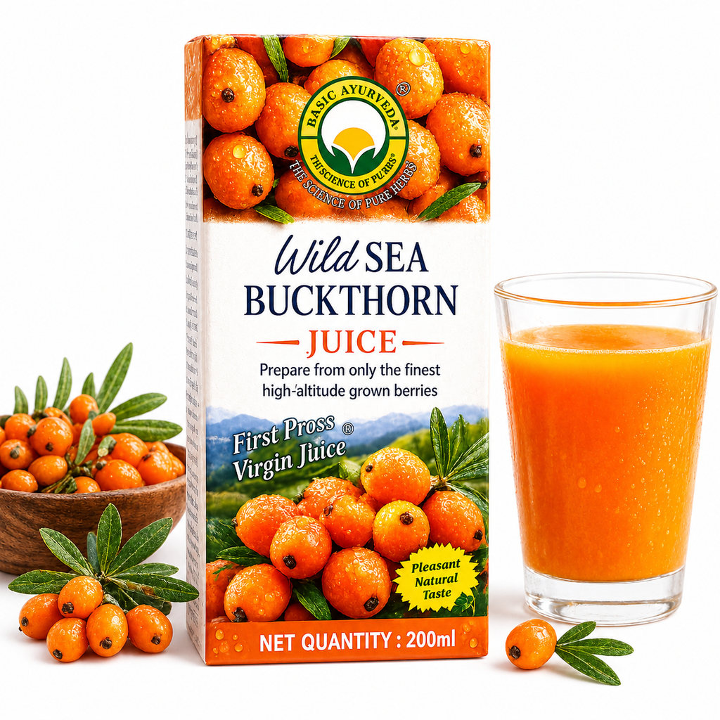 Basic Ayurveda Wild Sea Buckthorn Juice 200 ml - Herbal Berry Juice for Men & Women, Rich in Vitamin C, E, Omega 3 6 7 9, Natural Antioxidants | Supports Immunity, Skin Health & Daily Wellness