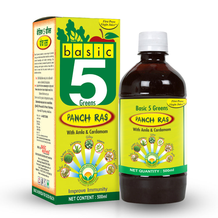 Basic Ayurveda Basic 5 Green Panch Ras |  Juice | Improve Immunity| Energetic Drink | Anti Hair Fall | Maintain Cholesterol Level | Beneficial in Stomach Problems.