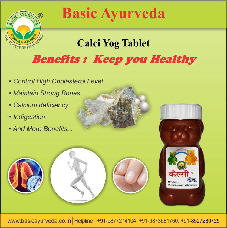 Basic Ayurveda  Calci Yog Tablet (60 Tablet) | Helpful in Calcium deficiency | Brighten Yellow Teeth | Strengthen Brittle Nails | Maintain Strong Bones | Fatigue | Muscle Cramps  | Joint Pains.