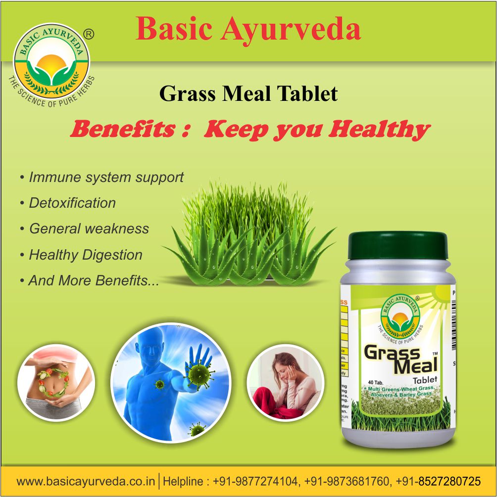 Basic Ayurveda  Grass Meal Tablet (40 Tablet) | Fatigure | General weakness | Weight loss | Body Cleanser | Muscles Rebuilder | Natural source of energy |