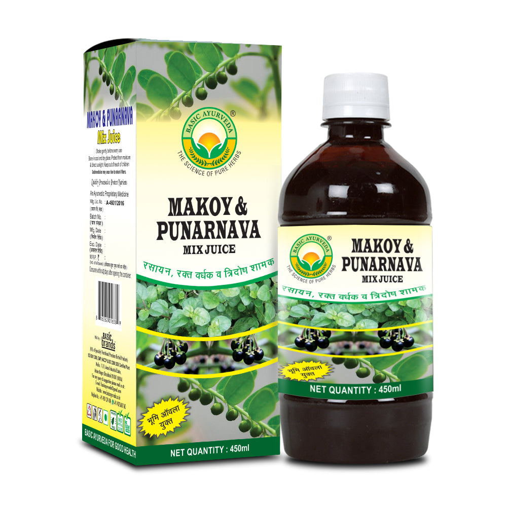 Basic Ayurveda Makoy & Punarnava Mix Juice | 100% Organic Natural Herbal Juice | Helpful in prostate and obesity | Helpful in all kinds of stones, kidney, liver, and spleen problems | Useful in General Weakness | Helps to blood booster.
