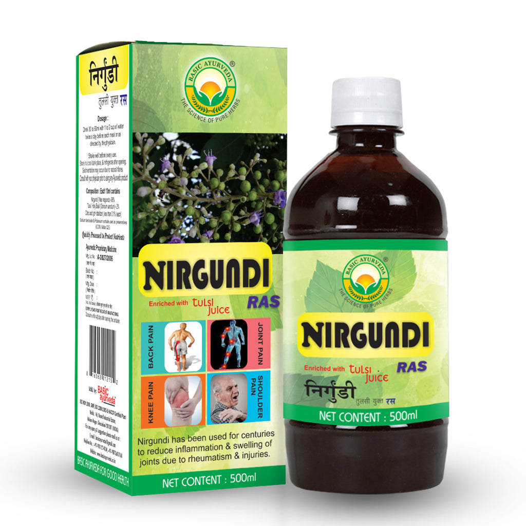 Basic Ayurveda Nirgundi Ras | 100% Organic Natural Herbal Juice | Helpful in Stomachache & Headache | Helpful in Hand and Leg Pain | Muscles Cramp | Reduce Joint Pain